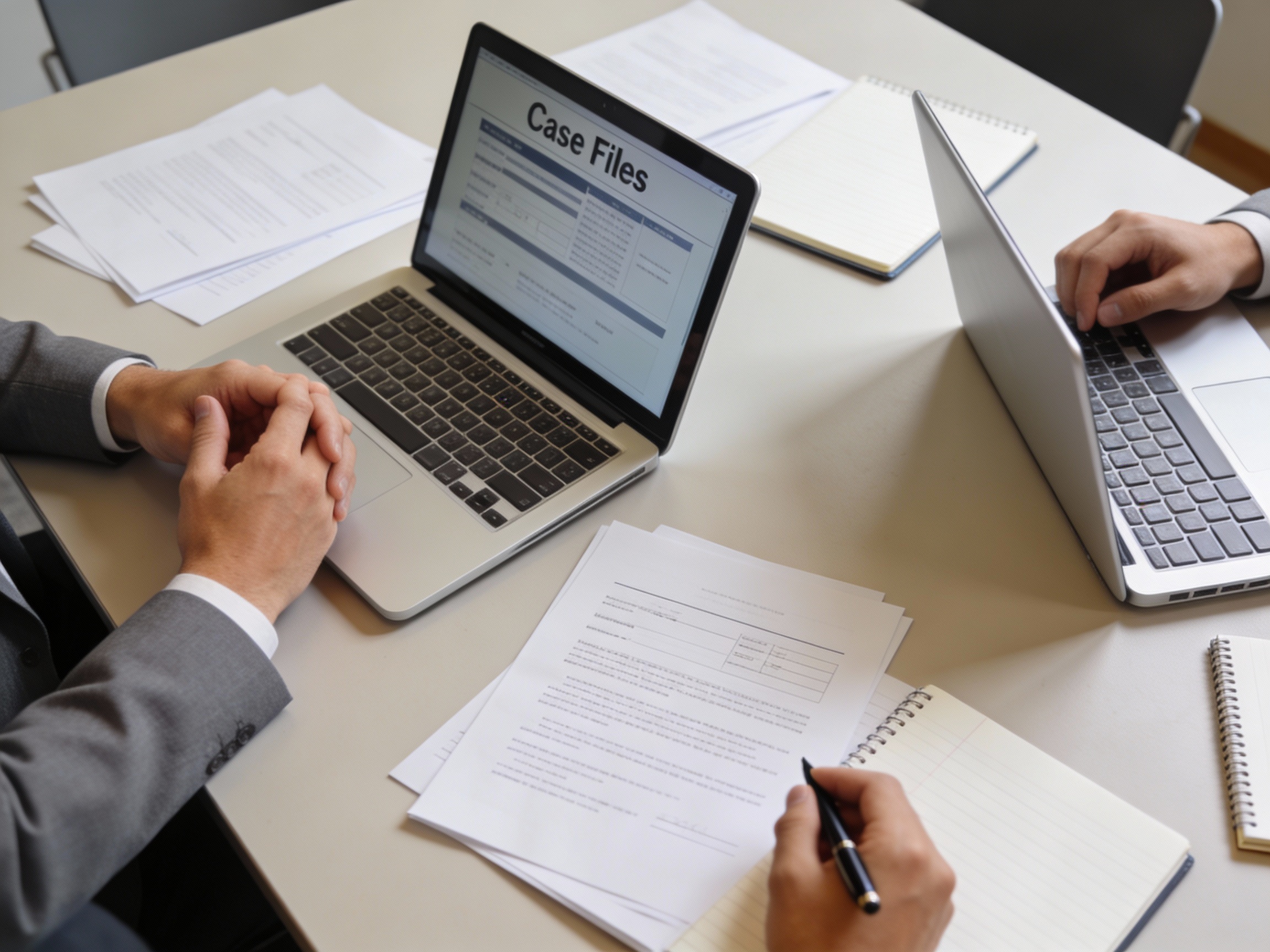 image show private investigator at work with client and laptops